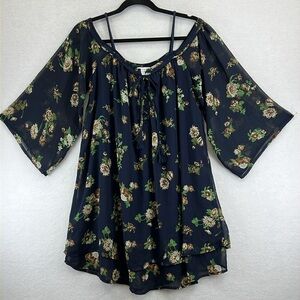Purple Snow Women’s Top Sz M Navy Floral Cold Shoulder Long Sleeves Flowy BOHO
